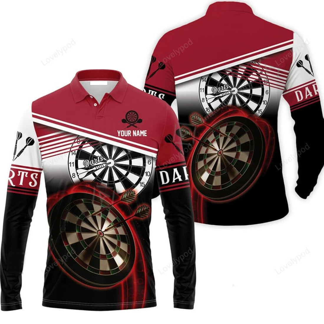 FUNSTUFFPRINT Personalised Darts Long Polo Shirt Darts Red Black White Background Custom Name Men Polo Shirts