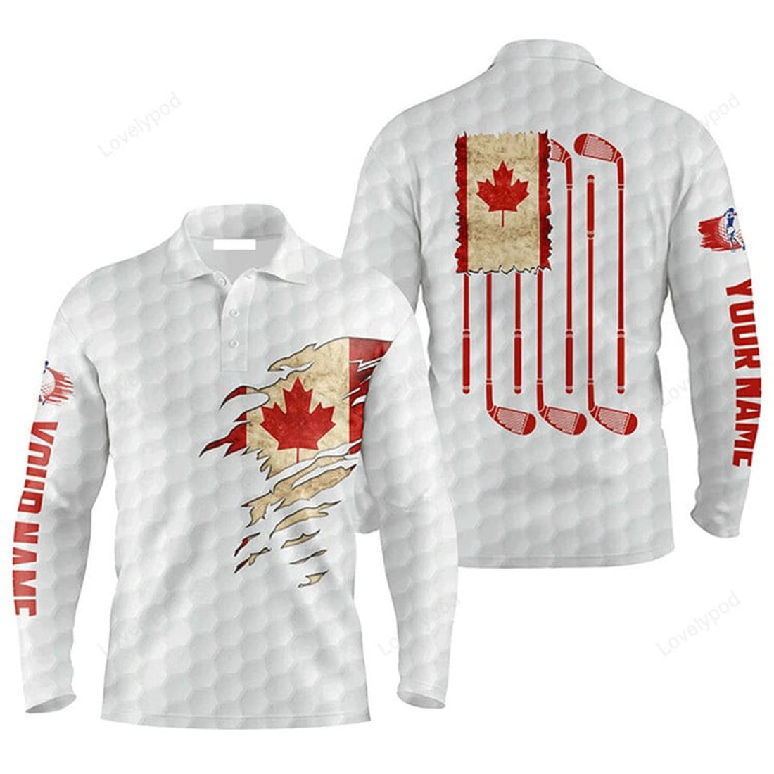 FUNSTUFFPRINT Custom Golf Long Sleeve Men Polo Shirt Funny Custom Name Vintage Canada Flag Patriot Golf Shirt
