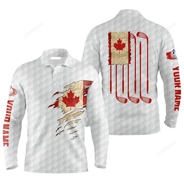 FUNSTUFFPRINT Custom Golf Long Sleeve Men Polo Shirt Funny Custom Name Vintage Canada Flag Patriot Golf Shirt
