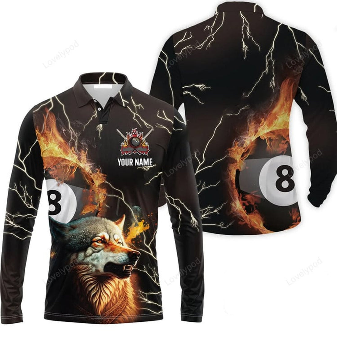 FUNSTUFFPRINT Custom Billiard Men Long Polo Shirt Wolf On Fire Billiard Pool 8 Balls Personalized Name