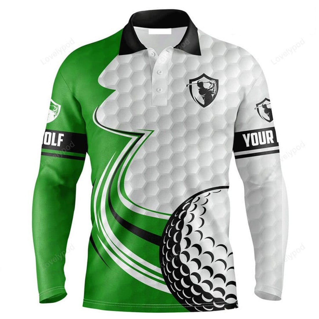 FUNSTUFFPRINT Custom Golf Long Sleeve Men Polo Shirt Custom Name Green And White Golf Ball Apparel