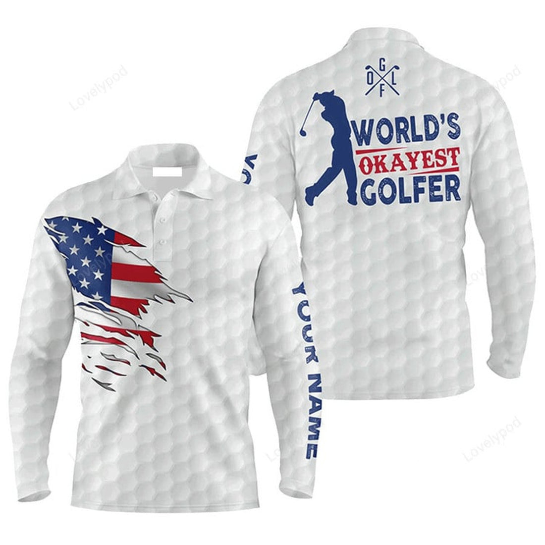 FUNSTUFFPRINT Custom Name White American Flag Apparel Worlds Okayest Golfer Men Golf Polo Shirt Custom Golf Men Polo Shirt
