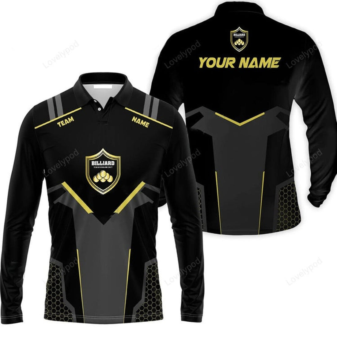 FUNSTUFFPRINT Personalized Billiards Long Polo Shirt Golden Team Billiards Team Custom Shirt For Men