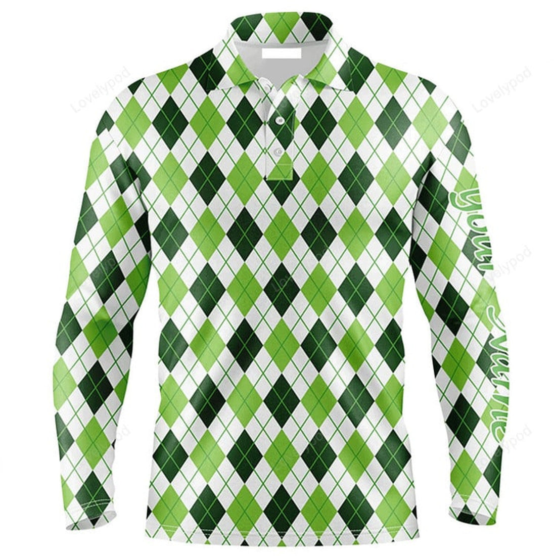 FUNSTUFFPRINT Custom Golf Long Sleeve Men Polo Shirt Custom Name Green Argyle St Patricks Day Pattern Apparel