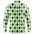 FUNSTUFFPRINT Custom Golf Long Sleeve Men Polo Shirt Custom Name Green Argyle St Patricks Day Pattern Apparel