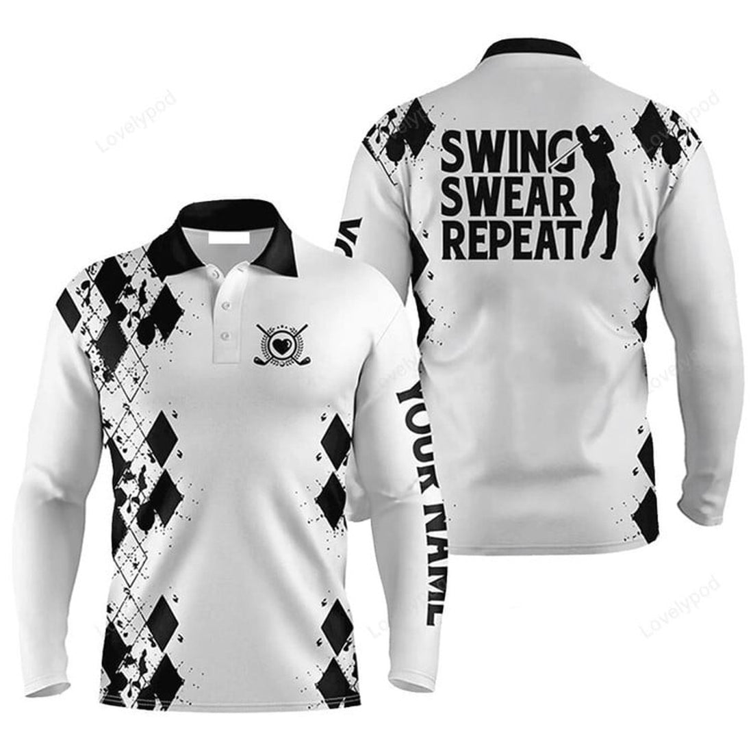 FUNSTUFFPRINT Custom Name Argyle Black White Swing Swear Repeat Apparel Custom Golf Long Sleeve Men Polo Shirt
