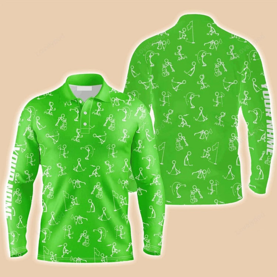 FUNSTUFFPRINT Custom Golf Long Sleeve Men Polo Shirt Custom Name Funny Golf Pattern Wear Apparel Personalized Sports Gift For Men Golf Lovers