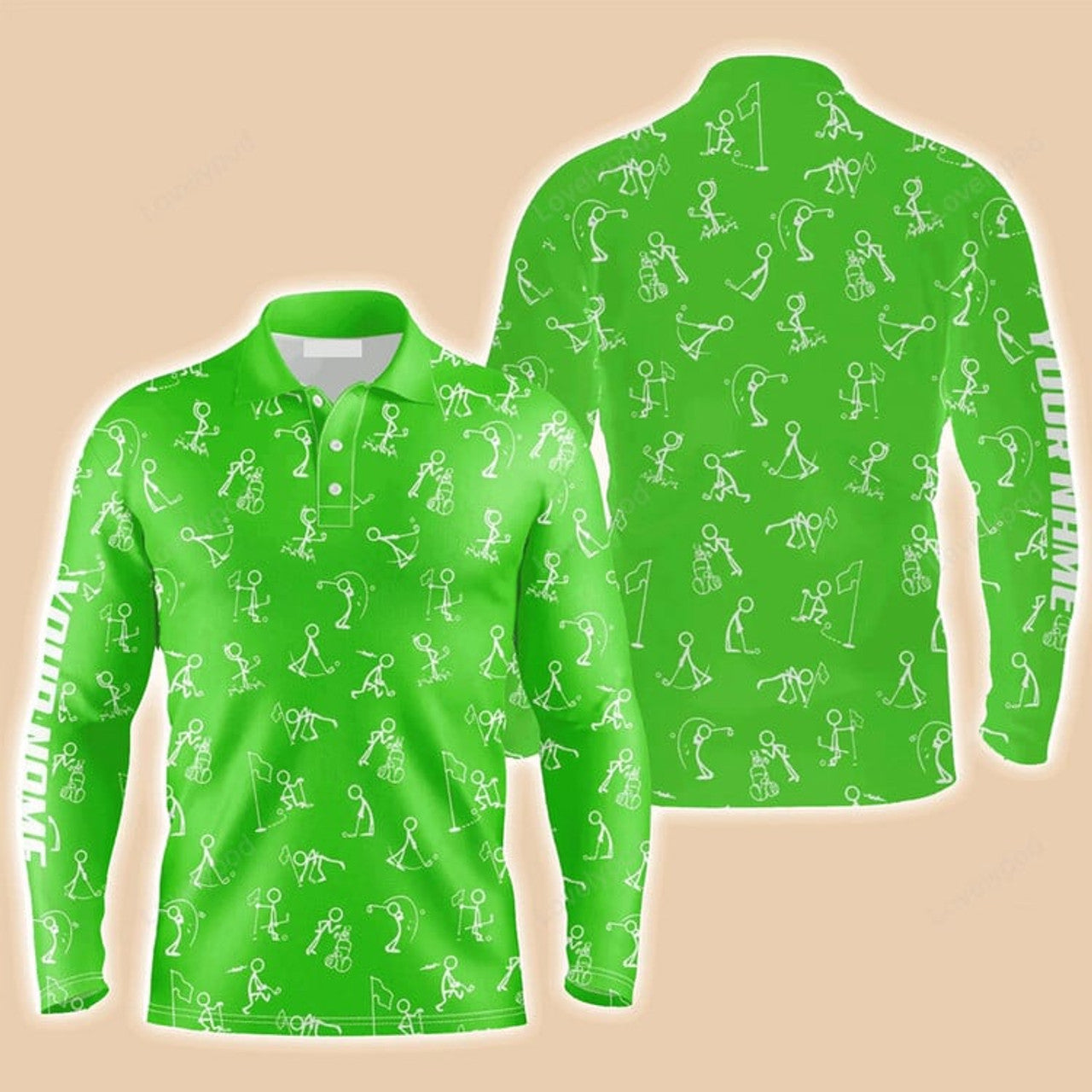 FUNSTUFFPRINT Custom Golf Long Sleeve Men Polo Shirt Custom Name Funny Golf Pattern Wear Apparel Personalized Sports Gift For Men Golf Lovers