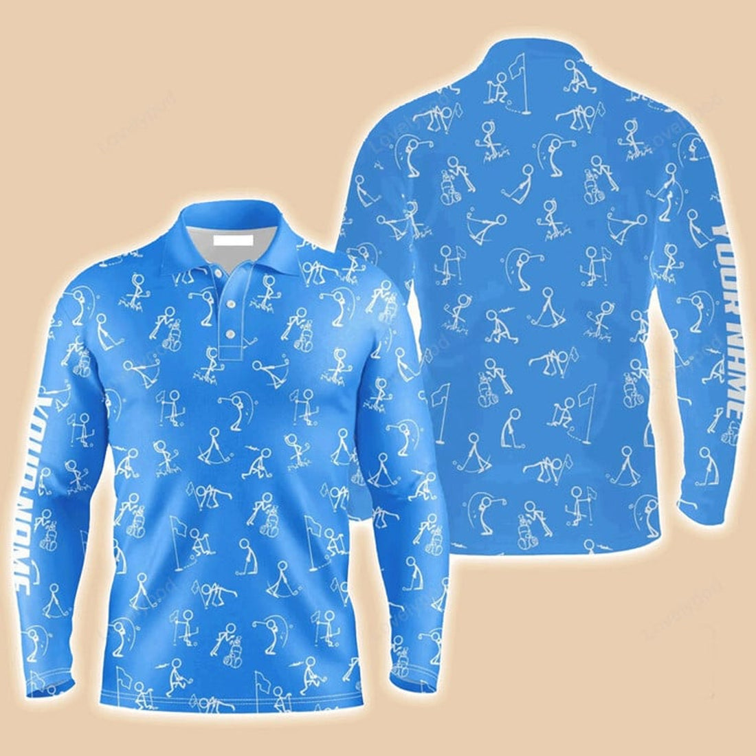 FUNSTUFFPRINT Custom Golf Blue Long Sleeve Men Polo Shirt Custom Name Funny Golf Pattern Wear Apparel Personalized Sports Gift For Men Golf Lovers