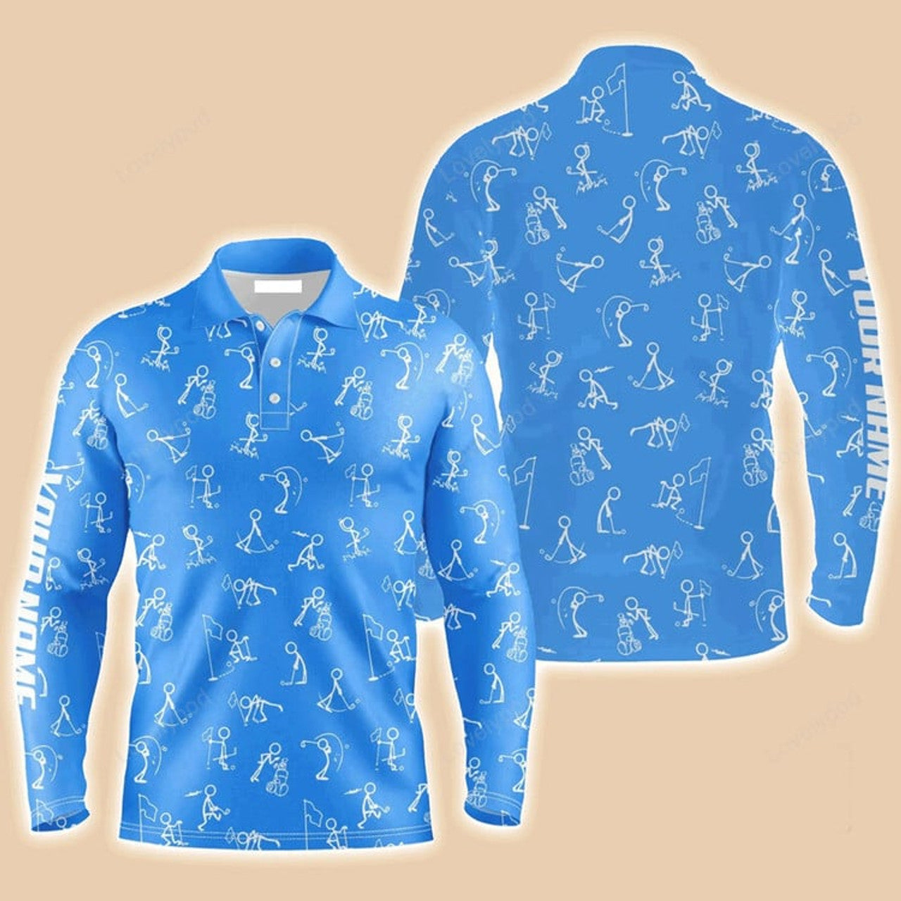 FUNSTUFFPRINT Custom Golf Blue Long Sleeve Men Polo Shirt Custom Name Funny Golf Pattern Wear Apparel Personalized Sports Gift For Men Golf Lovers
