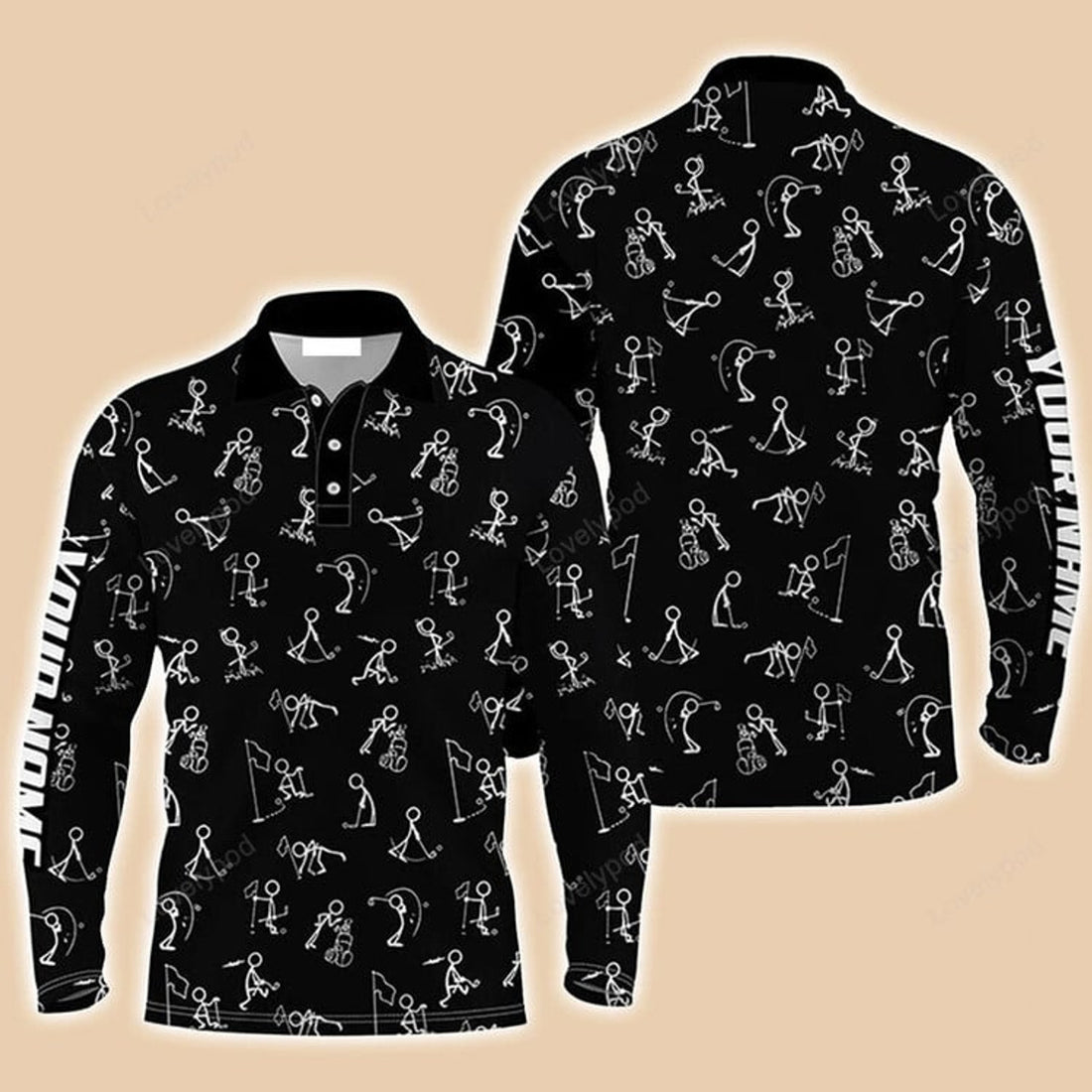 FUNSTUFFPRINT Custom Name Funny Golf Pattern Wear Black Polo Shirt Personalized Sports Gift For Men Golf Lovers