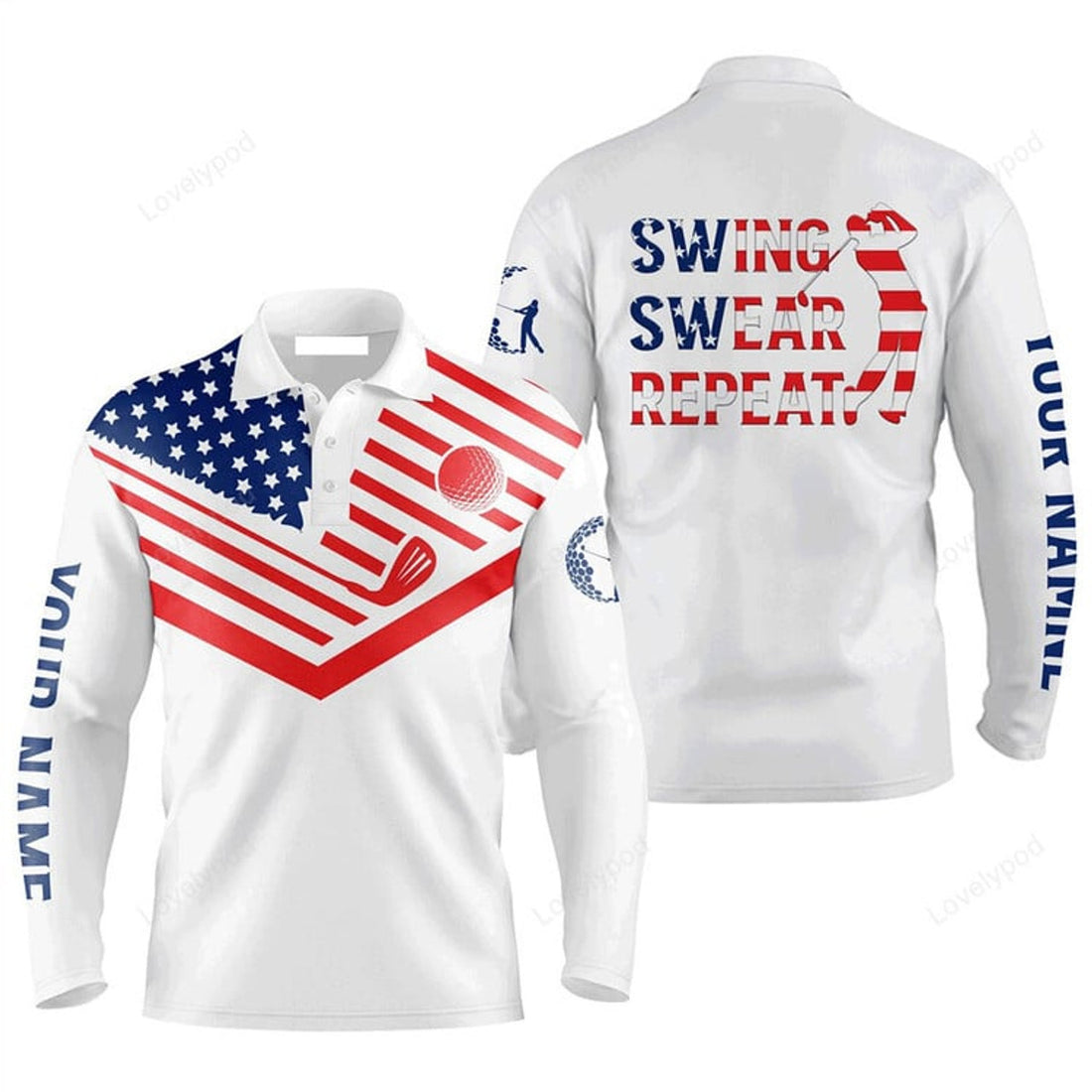 FUNSTUFFPRINT American Flag 4Th July Custom Name Apparel Swing Swear Repeat Men Polo Shirt Personalized Golf Lovers