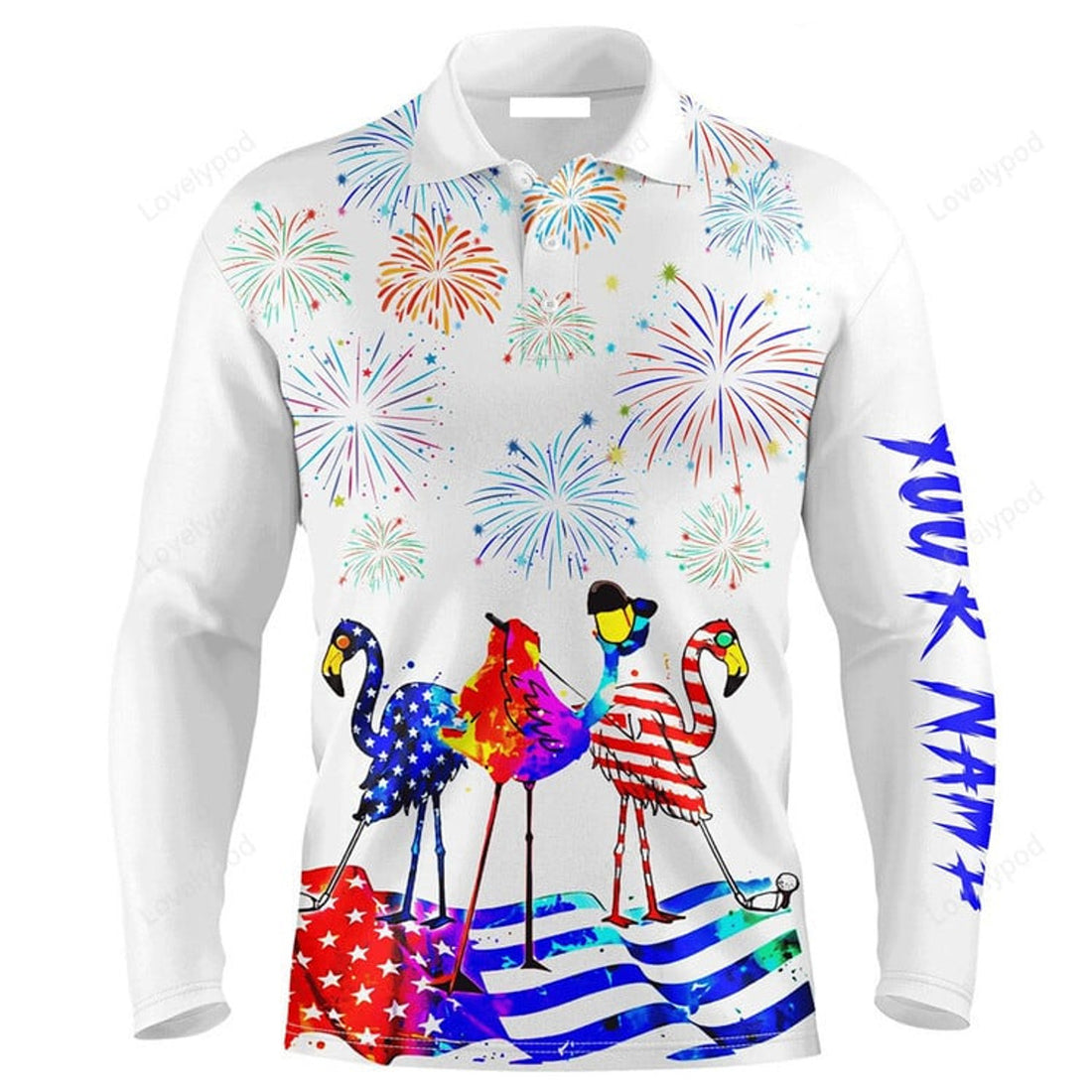 FUNSTUFFPRINT Custom Golf Long Sleeve Men Polo Shirt Custom Name Funny Red White Blue Flamingo American Flag