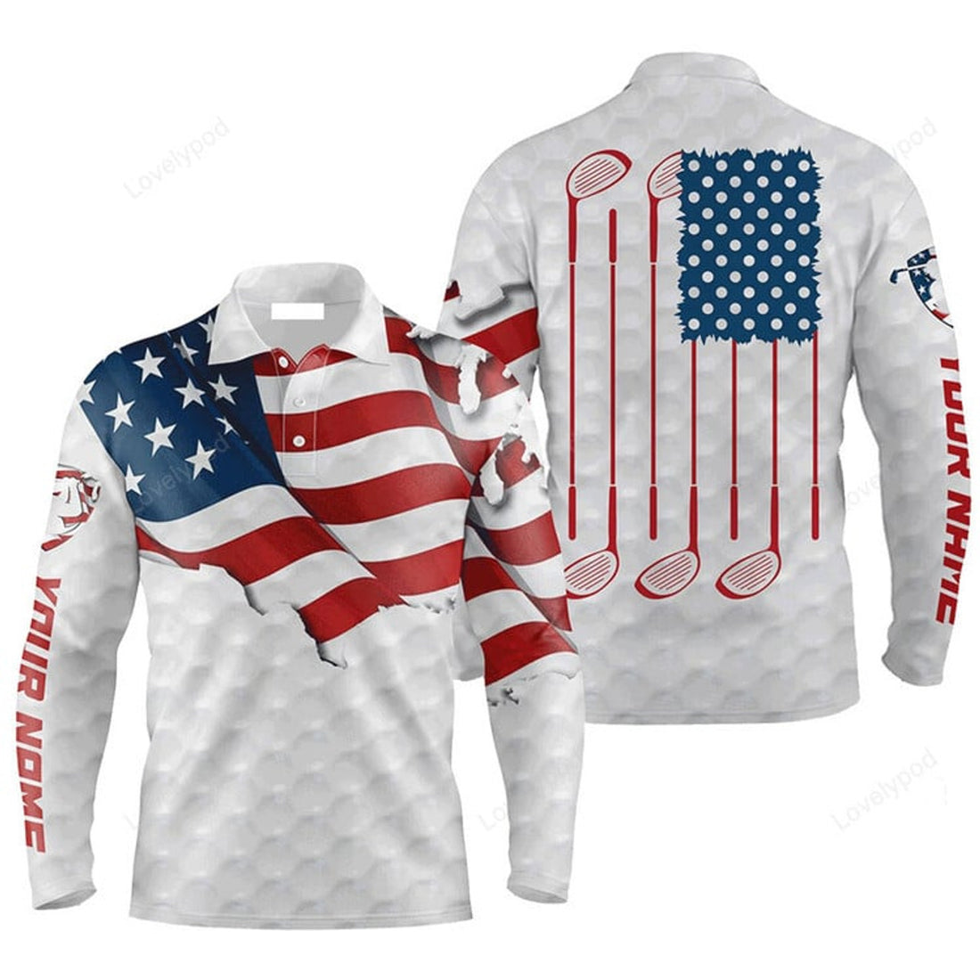 FUNSTUFFPRINT Custom Golf Long Sleeve Men Polo Shirt Custom Name Golf Club White American Flag Apparel