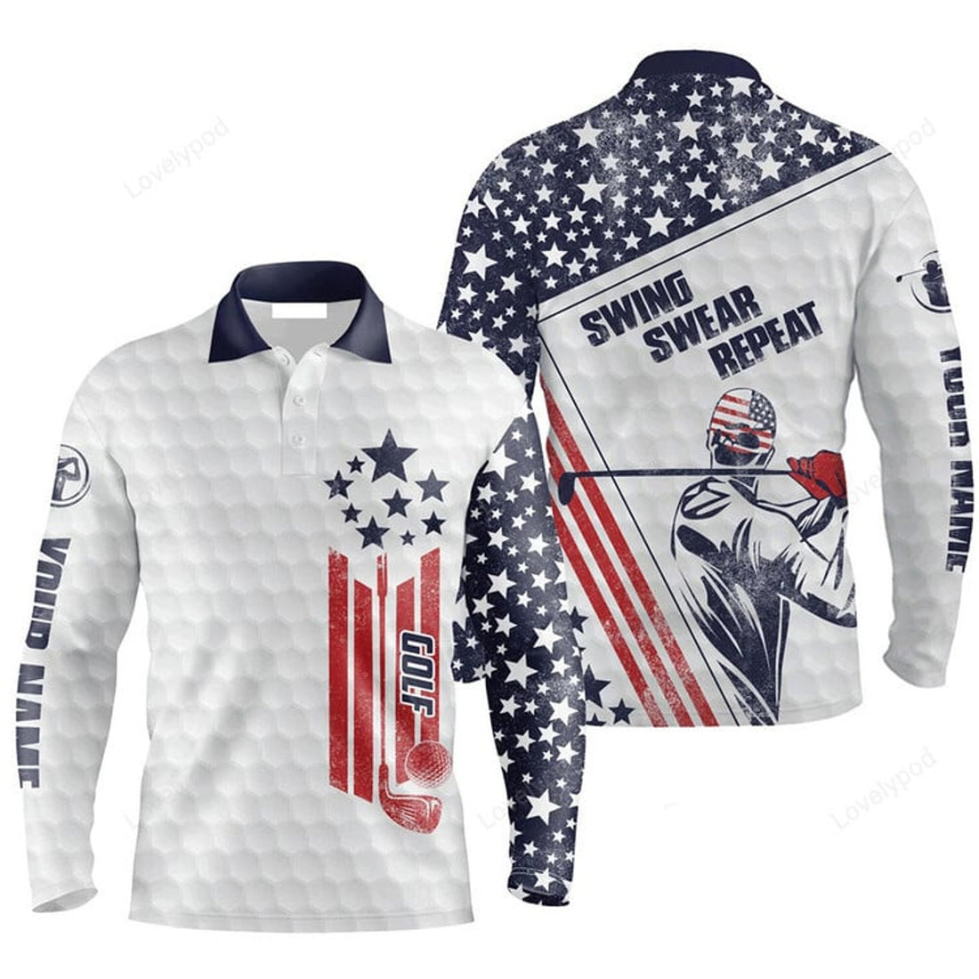 FUNSTUFFPRINT Custom Golf Long Sleeve Men Polo Shirt Custom Name White American Flag Swing Swear Repeat Apparel