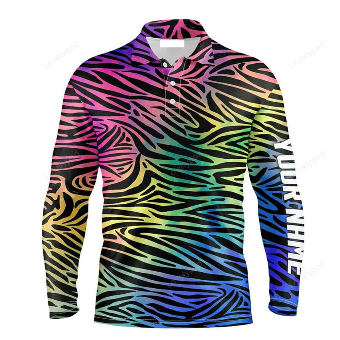 FUNSTUFFPRINT Custom Name Colorful Neon Rainbow Zebra Skin Pattern Apparel Golf Long Sleeve Men Polo Shirt Personalized Gift For Golf Lover