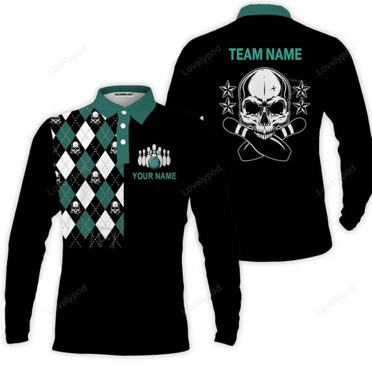 FUNSTUFFPRINT Custom Bowling Long Polo Shirt Custom Name Skull Black Bowling Personalized Long Polo Shirt