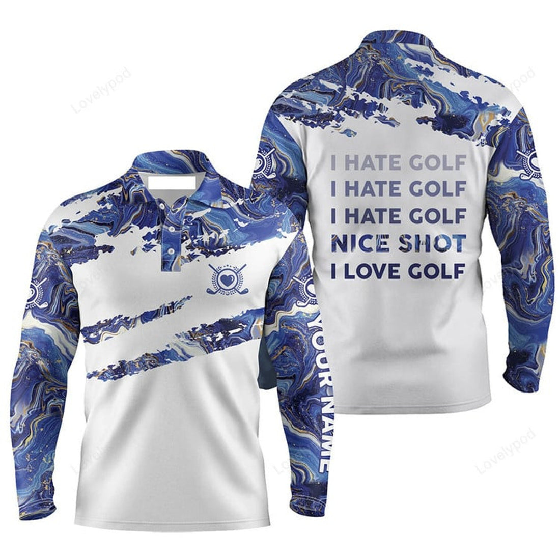 FUNSTUFFPRINT Golf Men Polo Shirt Funny Custom Name Blue Pattern Apparel I Hate Golf Nice Shot I Love Golf Men Golf Polo Shirt