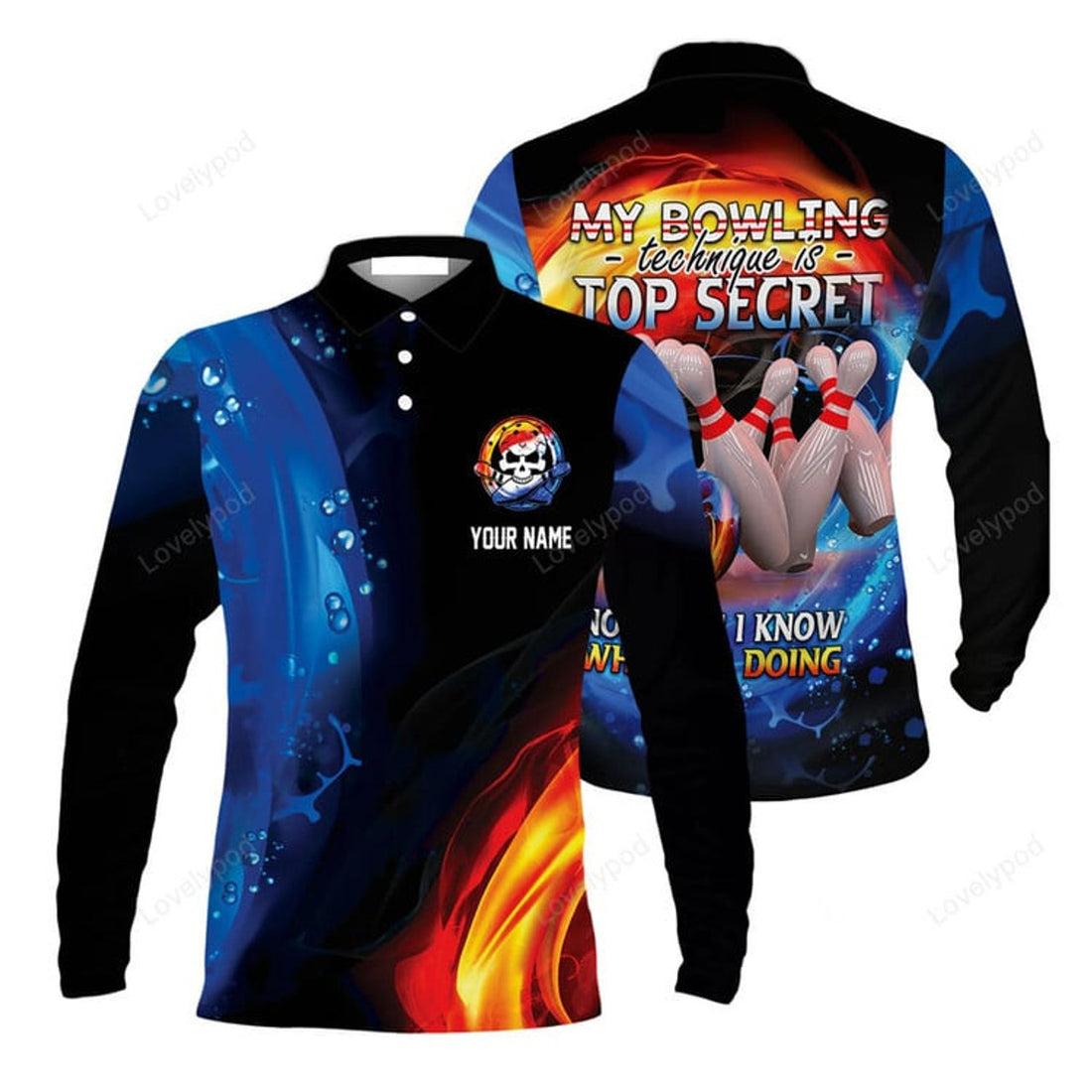 FUNSTUFFPRINT Customized Name Bowling Men Polo Shirt My Bowling Technique Is Top Secret Personalized Bowling Polo Shirt