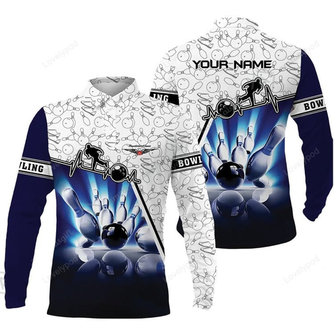 FUNSTUFFPRINT Name Bowling Long Polo Shirt, Thunderbowl Lanes Unique Bowling Shirt For Men Women, Perfect Gift For Bowling Lovers, Bowlers