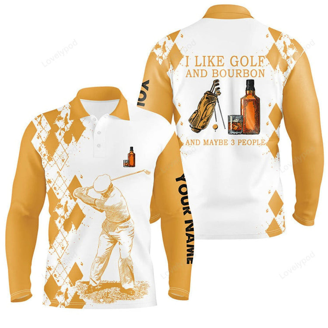 FUNSTUFFPRINT I Like Golf And Bourbon Men Golf Long Sleeve Polo Shirts Customized Yellow Argyle Golf Shirts For Men Golf Gifts