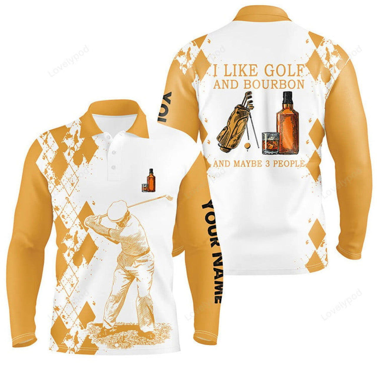 FUNSTUFFPRINT I Like Golf And Bourbon Men Golf Long Sleeve Polo Shirts Customized Yellow Argyle Golf Shirts For Men Golf Gifts