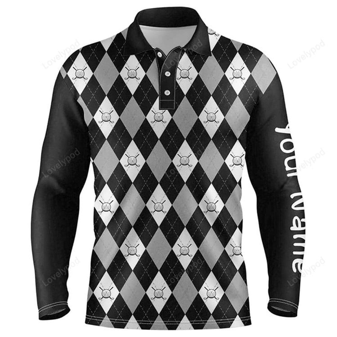 FUNSTUFFPRINT Black Argyle Plaid Pattern Men Long Sleeve Polo Shirts Custom Golf Attire For Men Mens Golf Apparel