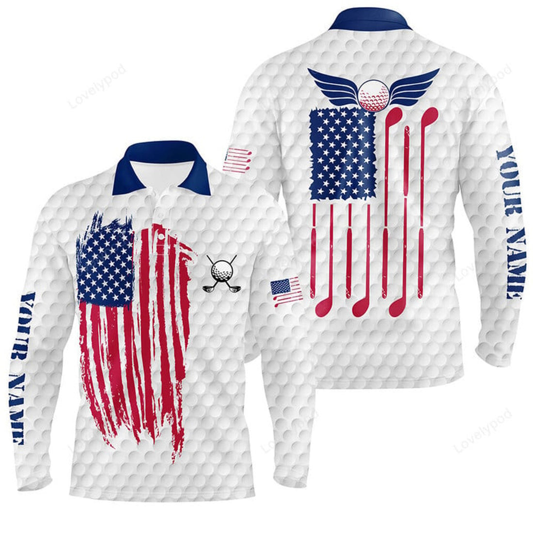 FUNSTUFFPRINT Red White And Blue Men Golf Long Sleeve Polo Shirts Custom Golf Clubs American Flag Patriotic Men Golf Shirt