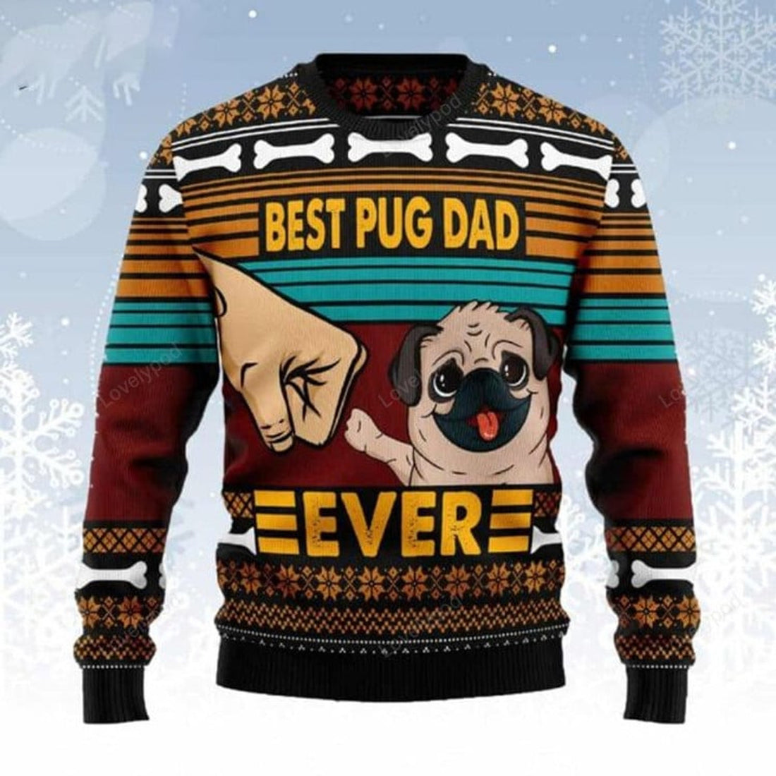 FUNSTUFFPRINT Best Pug Dad Ever Ugly Christmas Sweater for men and women, Dog lover shirts, Ugly Sweater Christmas Gift Ugly Sweater