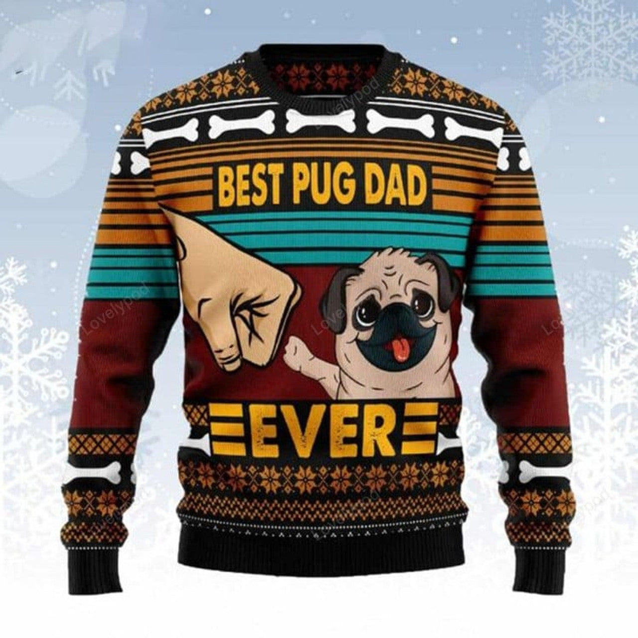 FUNSTUFFPRINT Best Pug Dad Ever Ugly Christmas Sweater for men and women, Dog lover shirts, Ugly Sweater Christmas Gift Ugly Sweater