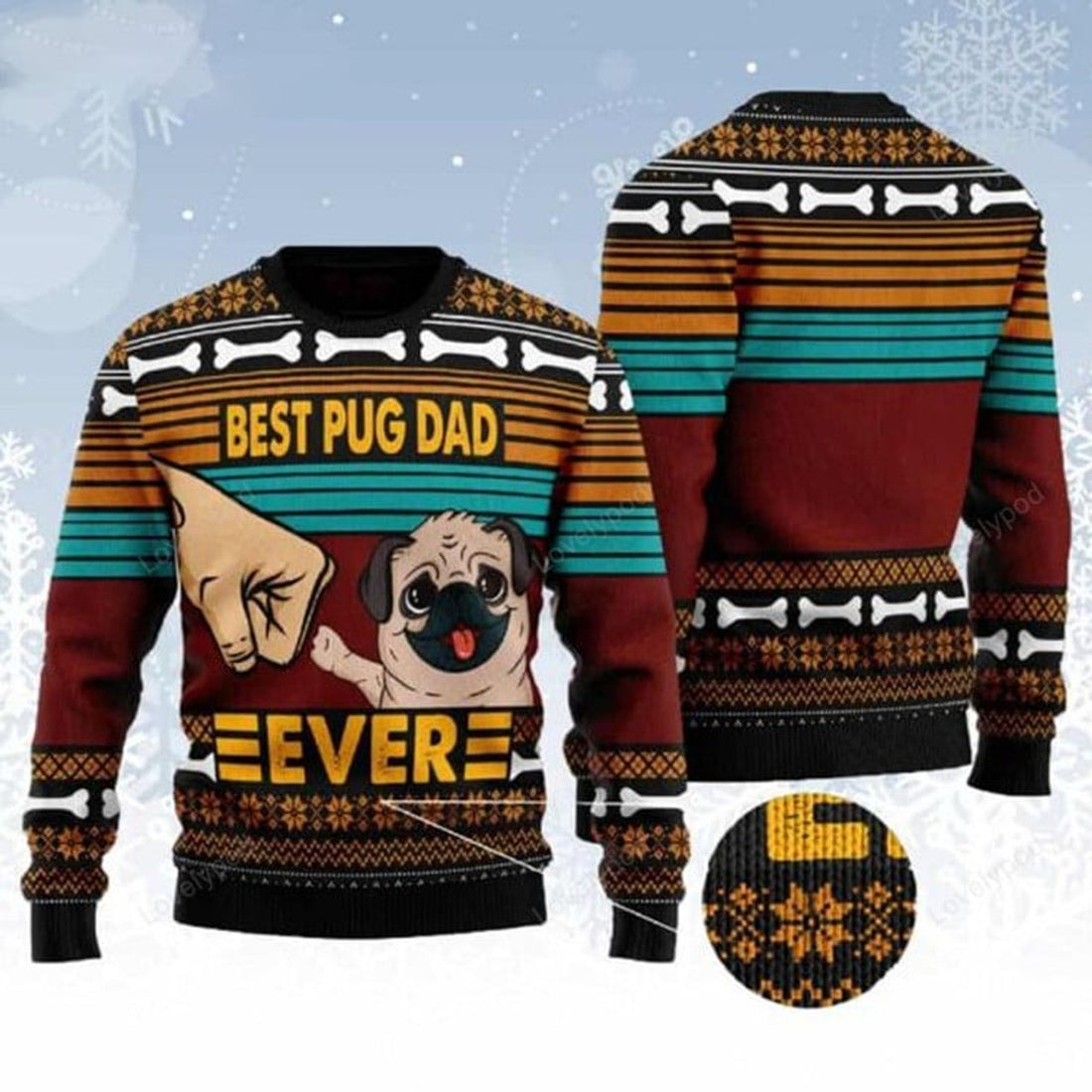 FUNSTUFFPRINT Best Pug Dad Ever Ugly Christmas Sweater for men and women, Dog lover shirts, Ugly Sweater Christmas Gift Ugly Sweater