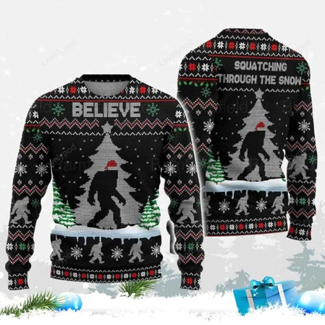 FUNSTUFFPRINT Bigfoot Believe Ugly Christmas Sweater for men and women, Bigfoot lover shirts, Ugly Sweater Christmas Gift Ugly Sweater
