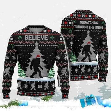 FUNSTUFFPRINT Bigfoot Believe Ugly Christmas Sweater for men and women, Bigfoot lover shirts, Ugly Sweater Christmas Gift Ugly Sweater