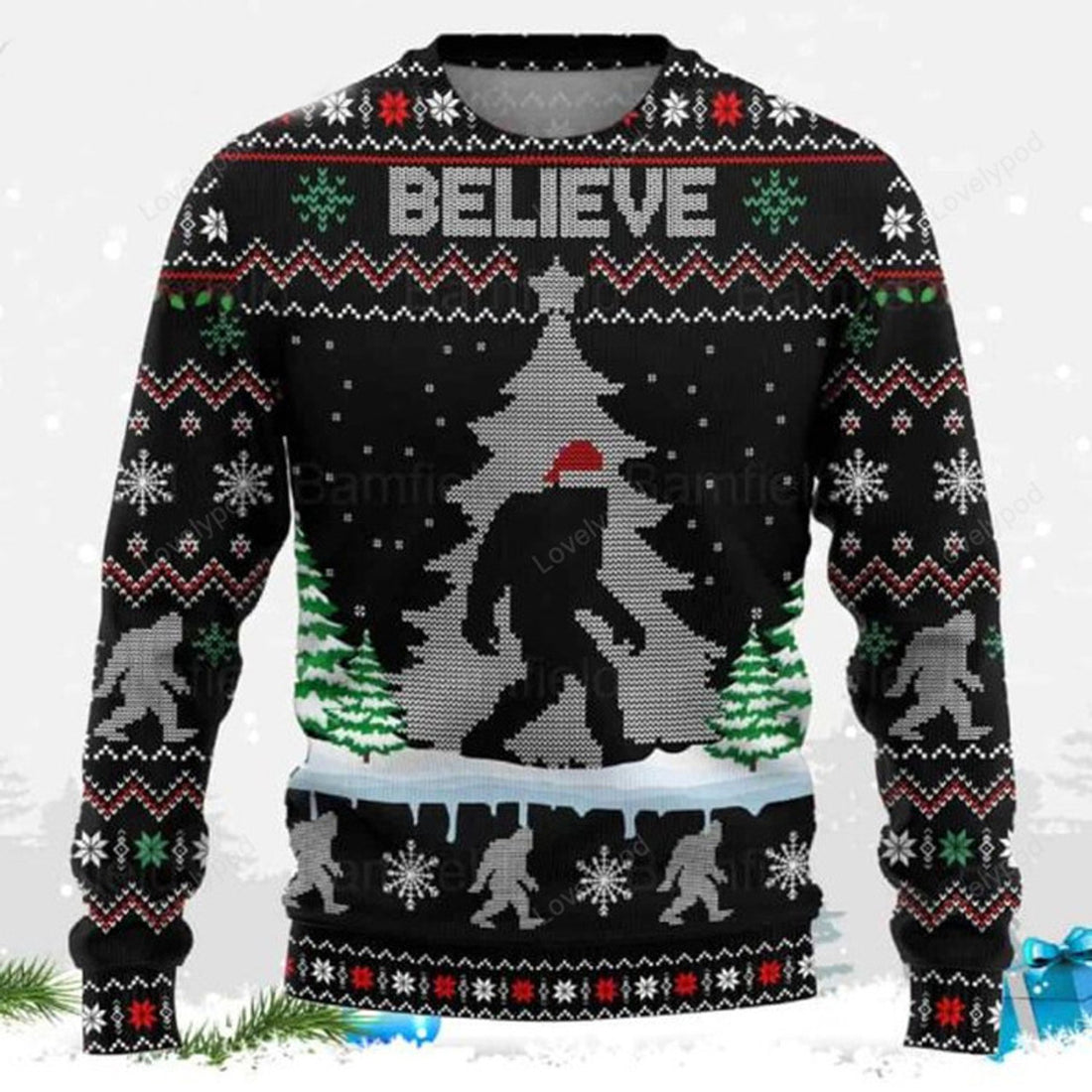 FUNSTUFFPRINT Bigfoot Believe Ugly Christmas Sweater for men and women, Bigfoot lover shirts, Ugly Sweater Christmas Gift Ugly Sweater