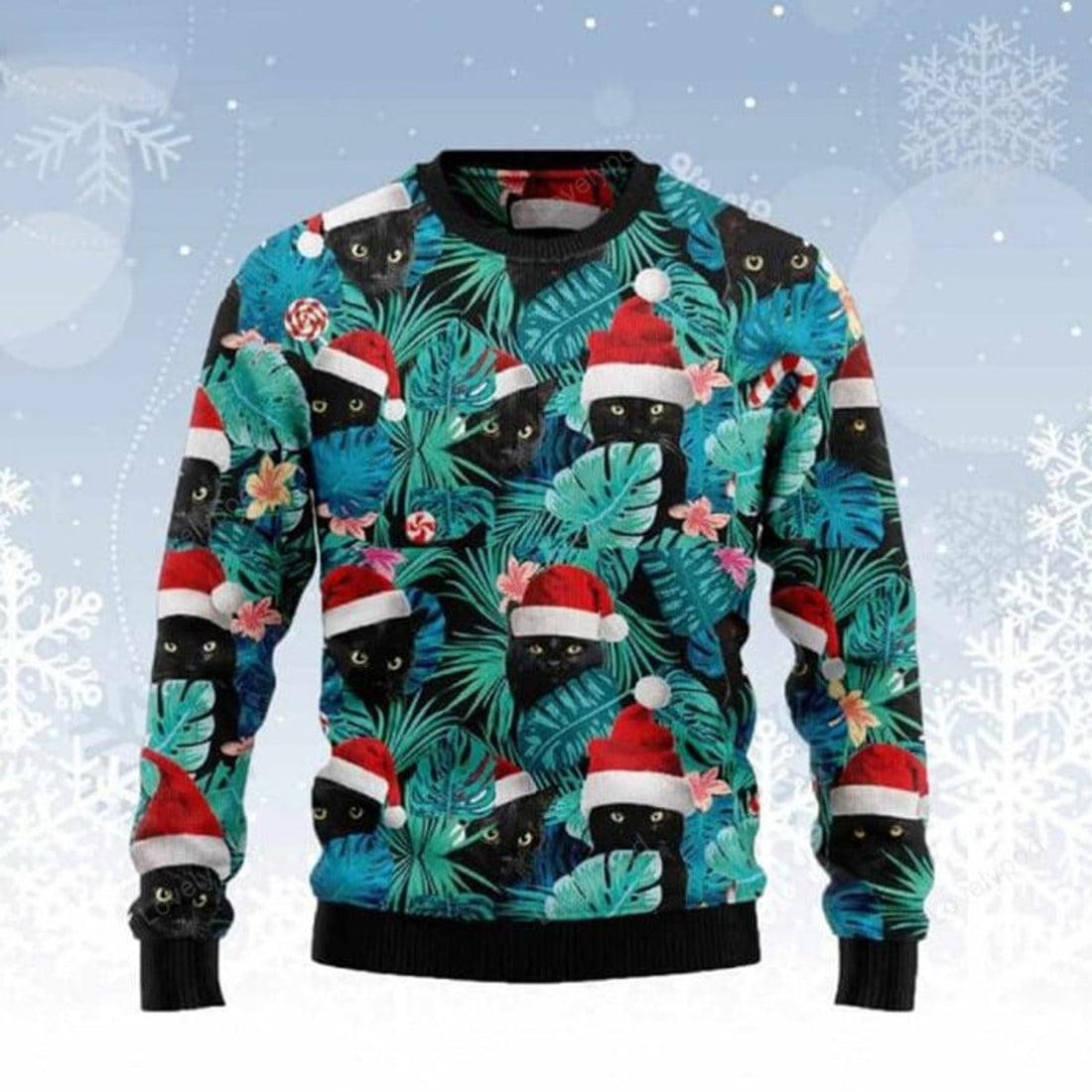 FUNSTUFFPRINT Black Cat And Leaves Ugly Christmas Sweater for men and women, Black Cat shirts, Ugly Sweater Christmas Gift Ugly Sweater