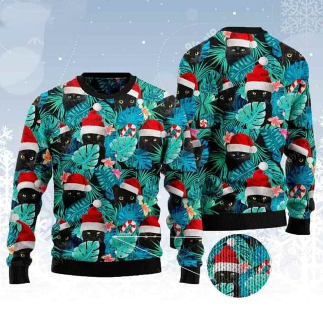 FUNSTUFFPRINT Black Cat And Leaves Ugly Christmas Sweater for men and women, Black Cat shirts, Ugly Sweater Christmas Gift Ugly Sweater