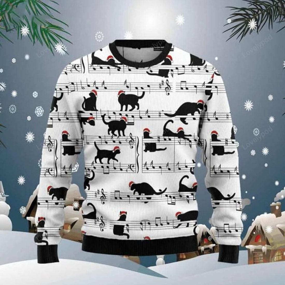 FUNSTUFFPRINT Black Cat Christmas Music Notes Ugly Christmas Sweater for men and women, Black Cat shirts, Ugly Sweater Christmas Gift Ugly Sweater