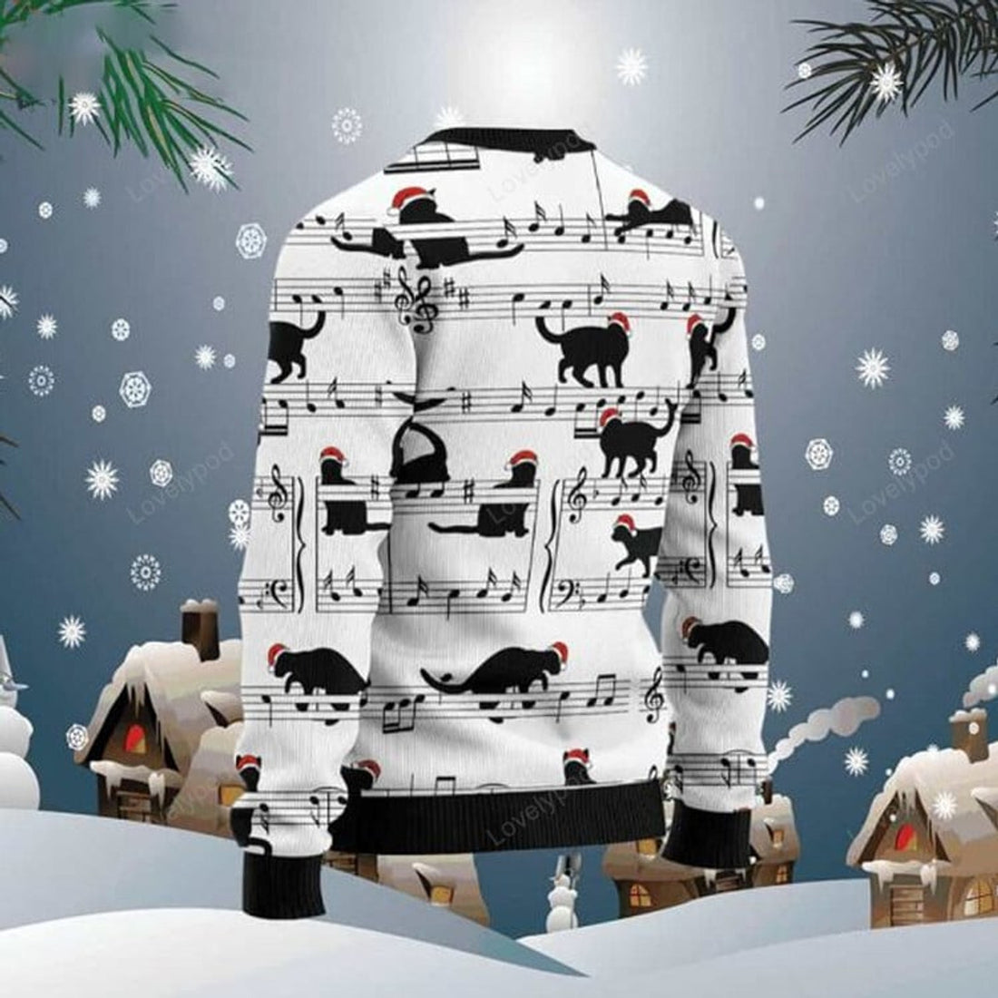 FUNSTUFFPRINT Black Cat Christmas Music Notes Ugly Christmas Sweater for men and women, Black Cat shirts, Ugly Sweater Christmas Gift Ugly Sweater