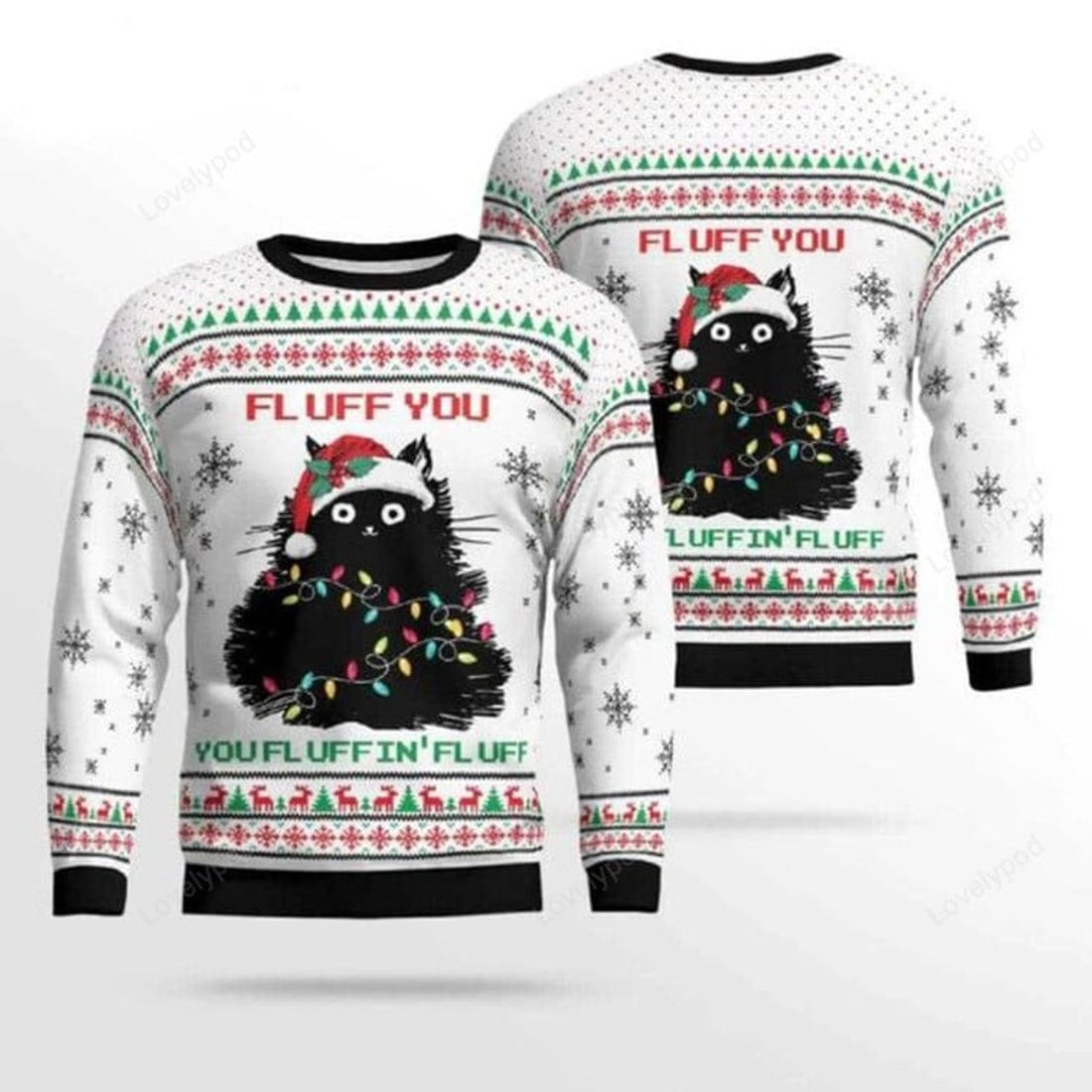 FUNSTUFFPRINT Black Cat Fluff You Ugly Christmas Sweater for men and women, Black Cat shirts, Ugly Sweater Christmas Gift Ugly Sweater