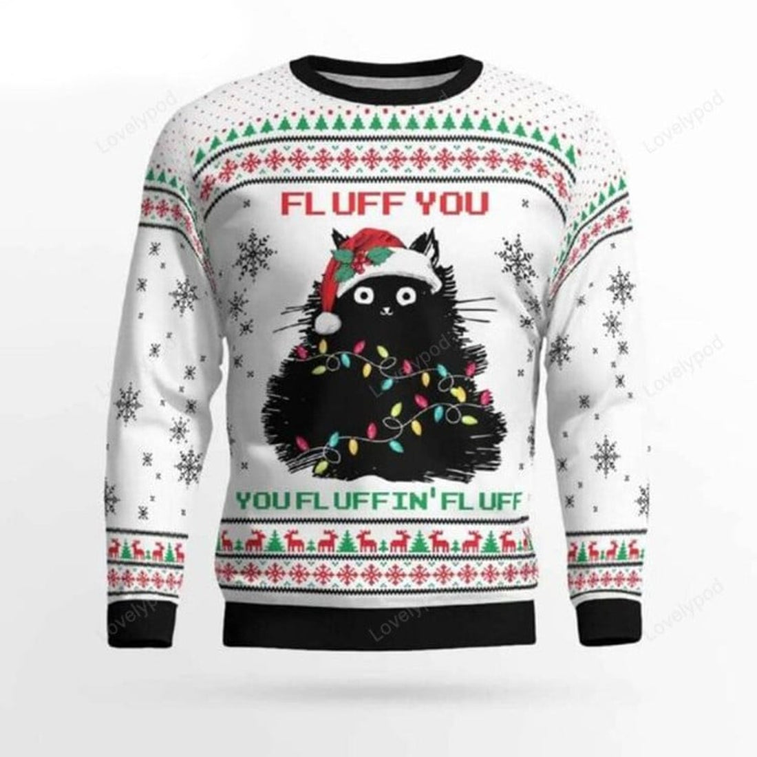 FUNSTUFFPRINT Black Cat Fluff You Ugly Christmas Sweater for men and women, Black Cat shirts, Ugly Sweater Christmas Gift Ugly Sweater