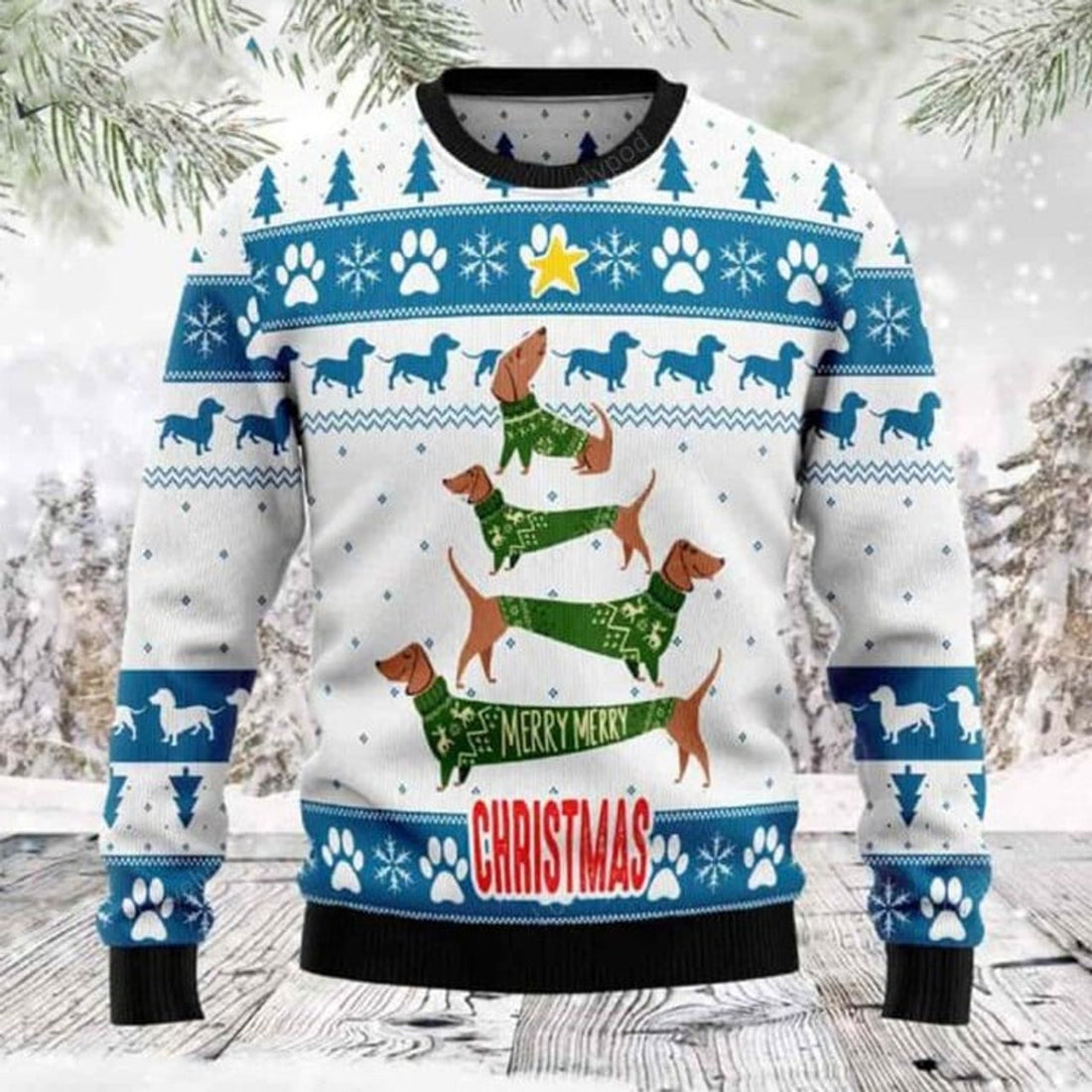FUNSTUFFPRINT Cute Dachshund Christmas Tree Ugly Sweater for men and women, Dachshund Christmas sweatshirt, Ugly Sweater Christmas Gift Ugly Sweater