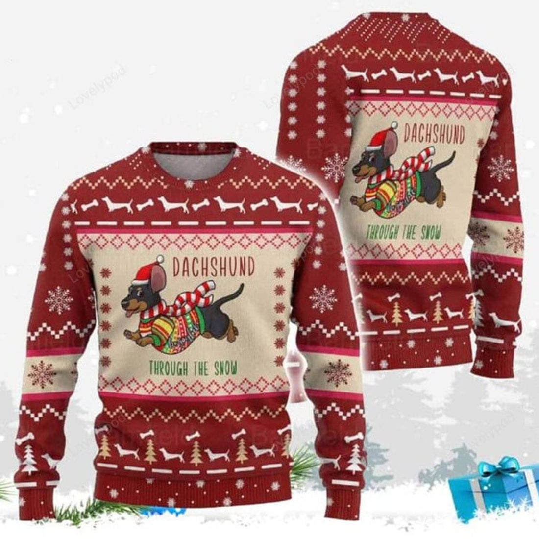 FUNSTUFFPRINT Dachshund Ugly Christmas Sweater for men and women, Dachshund Christmas sweatshirt, Ugly Sweater Christmas Gift Ugly Sweater