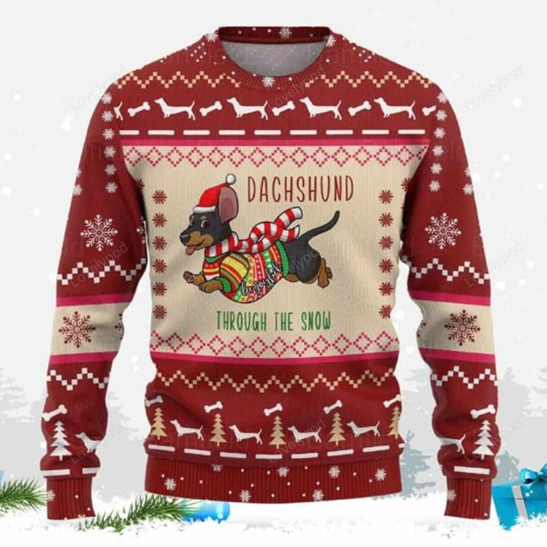 FUNSTUFFPRINT Dachshund Ugly Christmas Sweater for men and women, Dachshund Christmas sweatshirt, Ugly Sweater Christmas Gift Ugly Sweater
