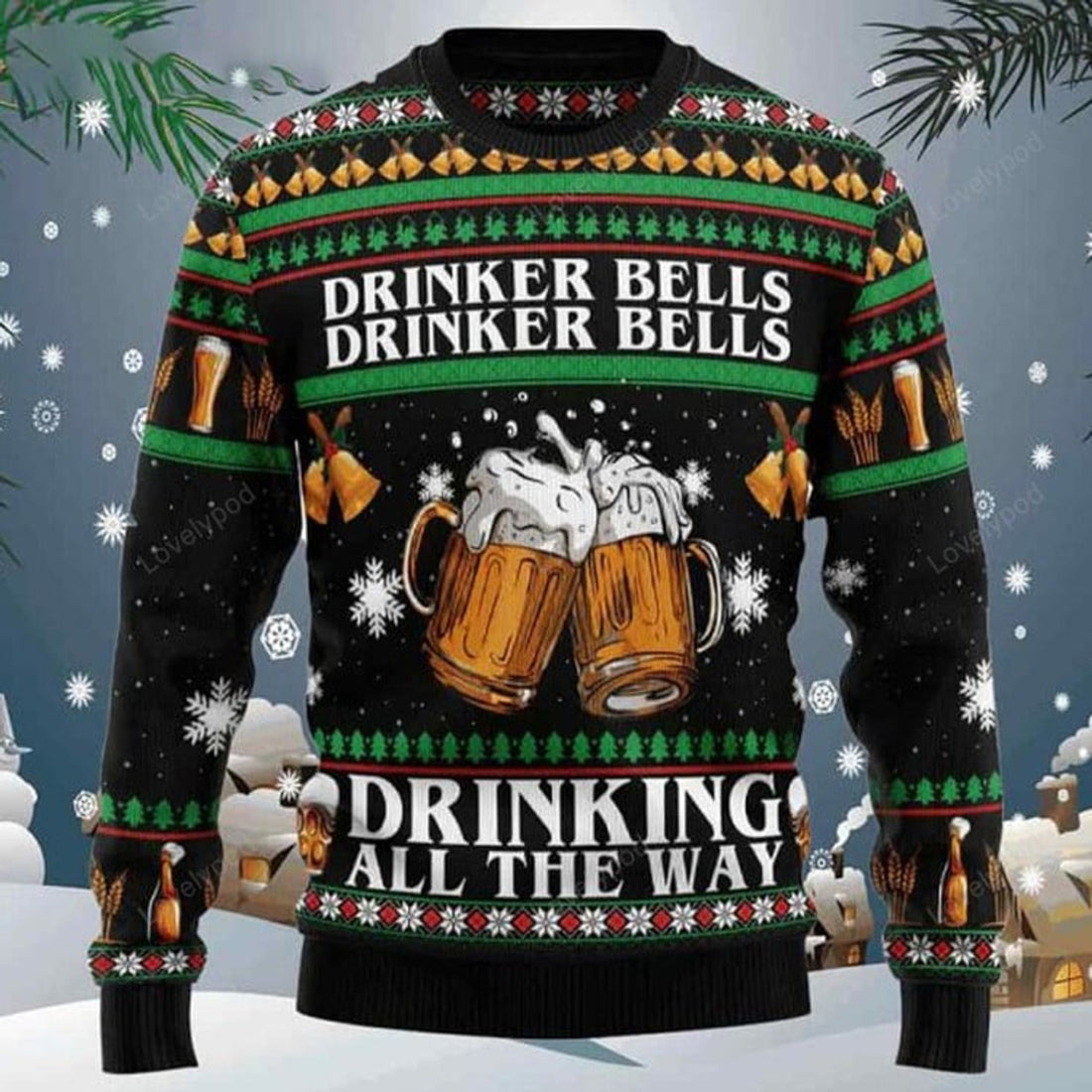 FUNSTUFFPRINT Drinker Bell Ugly Christmas Sweater for men and women, Drink beer Christmas sweatshirt, Ugly Sweater Christmas Gift Ugly Sweater