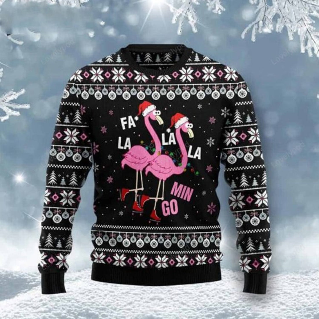 FUNSTUFFPRINT Fla La La flamingo Min Go Ugly Christmas Sweater for men and women, flamingo Christmas sweatshirt, Ugly Sweater Christmas Gift Ugly Sweater