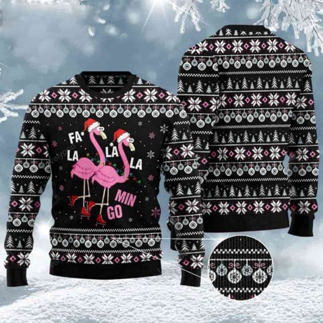 FUNSTUFFPRINT Fla La La flamingo Min Go Ugly Christmas Sweater for men and women, flamingo Christmas sweatshirt, Ugly Sweater Christmas Gift Ugly Sweater