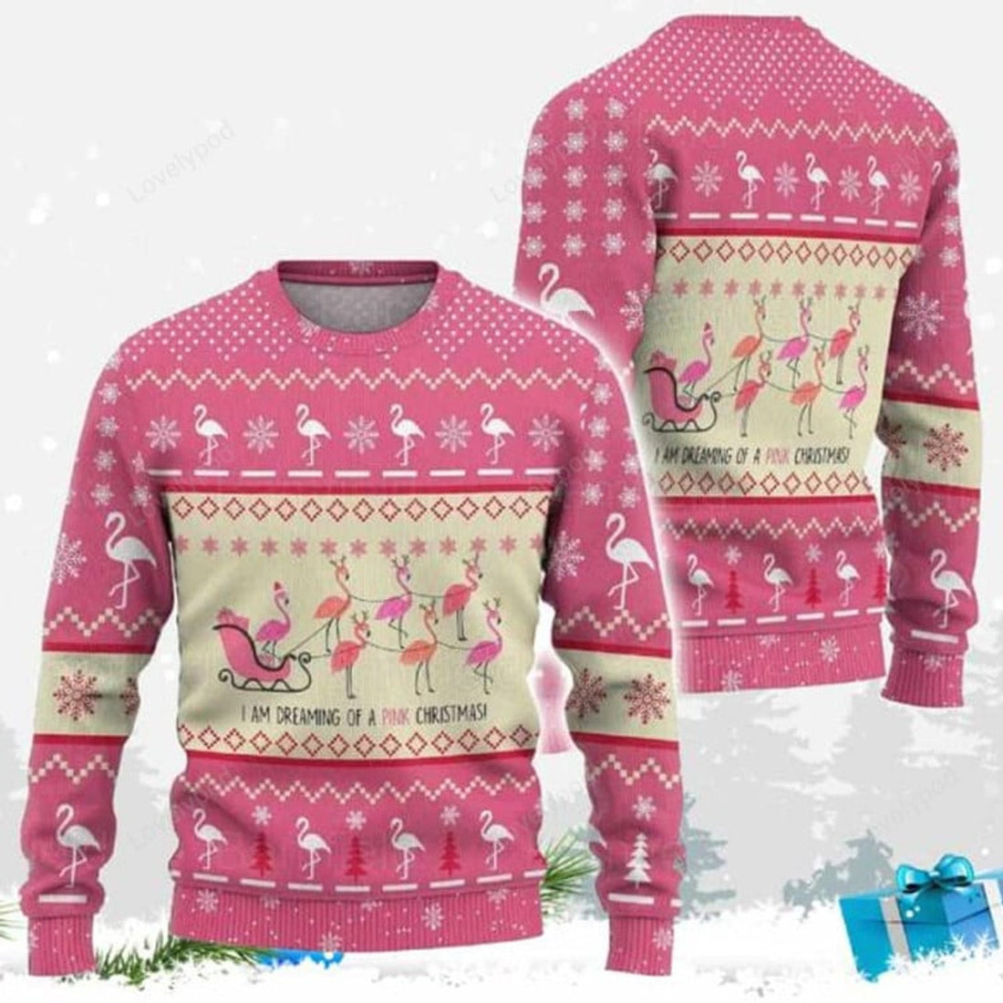 FUNSTUFFPRINT Flamingo Reindeer Ugly Christmas Sweater for men and women, flamingo Christmas sweatshirt, Ugly Sweater Christmas Gift Ugly Sweater