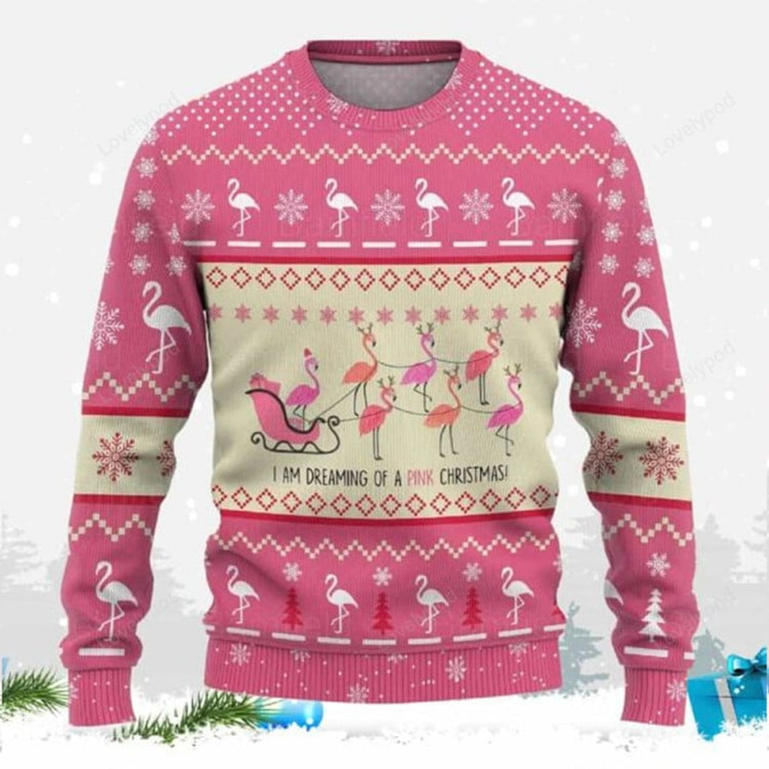 FUNSTUFFPRINT Flamingo Reindeer Ugly Christmas Sweater for men and women, flamingo Christmas sweatshirt, Ugly Sweater Christmas Gift Ugly Sweater