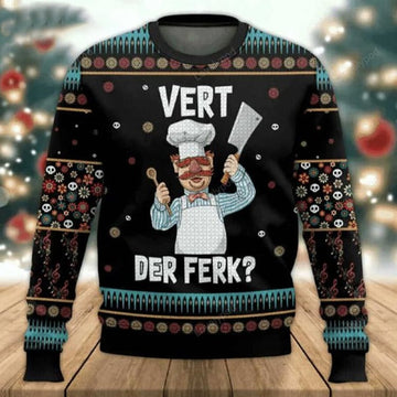 FUNSTUFFPRINT Funny Swedish Chef Vert Der Ferk Ugly Christmas Sweater for men, Chef Christmas sweatshirt, Ugly Sweater Christmas Gift Ugly Sweater