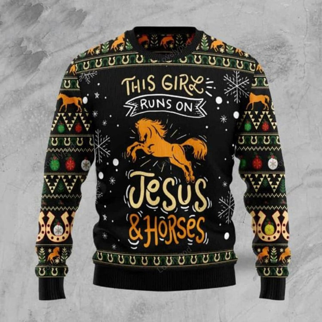 FUNSTUFFPRINT Girls Run On Jesus And Horses Ugly Christmas Sweater, Horses lover Christmas sweatshirt, Ugly Sweater Christmas Gift Ugly Sweater
